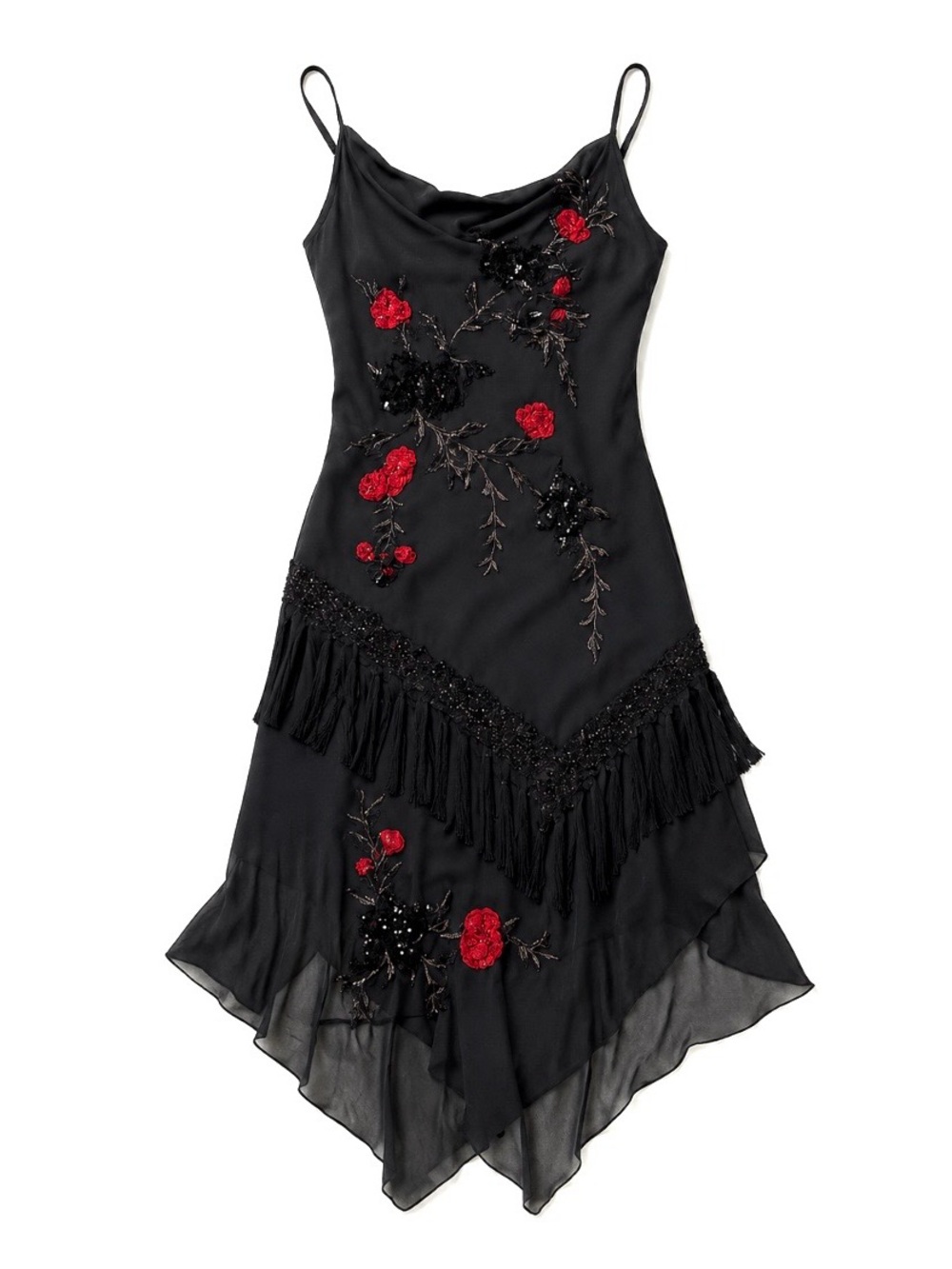 Vintage 90s Caché Silk Beaded Asymmetrical Midi Cocktail Dress 8